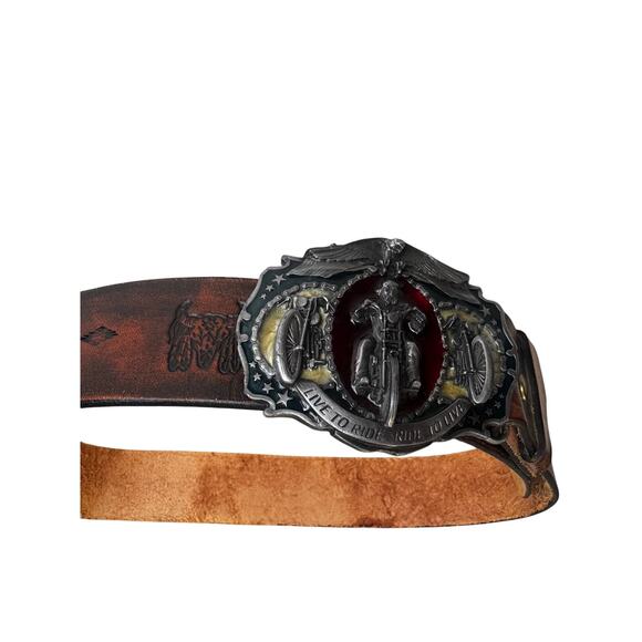 Vintage 1987 Bergamot “Live to Ride – Ride to Live” Belt Buckle + Leather Belt - Picture 3 of 8